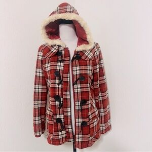 Vintage XX3 Junior’s Medium Plaid Y2K Faux Fur Hoodie Jacket Coat EUC Red/Black